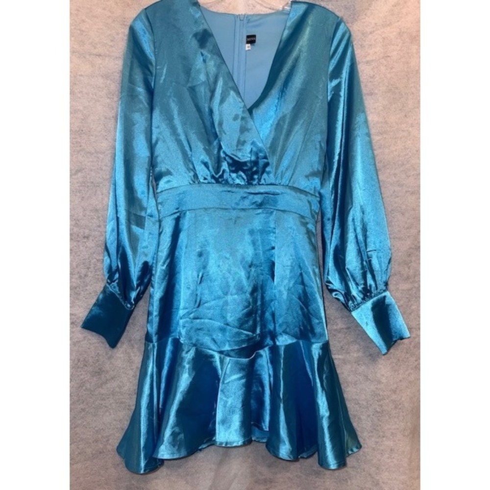 MISS Blue Satin Long Sleeve Wrap Style Ruffle Hem Dress Size S
